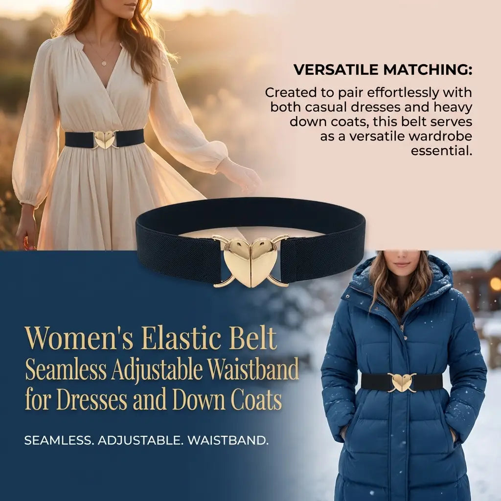 Ceinture à boucle élastique en forme de cœur pour femme bleu marine, avec une boucle en forme de cœur à finition ton or et une taille élastique.
