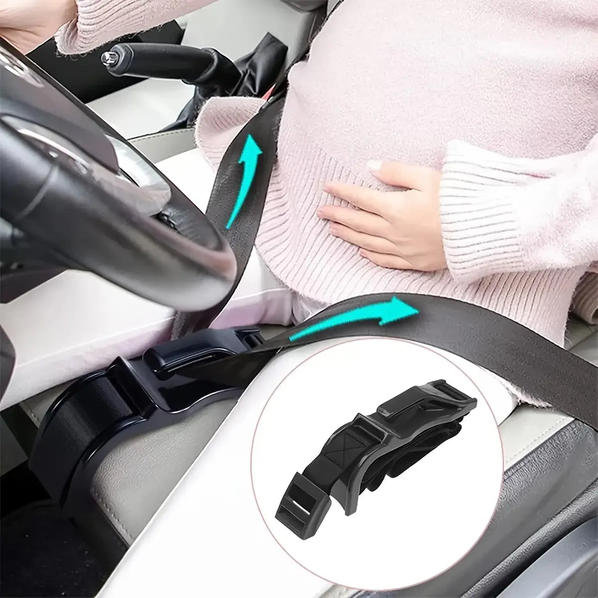 Schwarze Kunststoff-Schwangerschafts-Autosicherheitsgurt mit verstellbarer Maternity-Sicherheitsvorrichtung mit Clip- und Schnallendesign für sicheren Sitz und Komfort.