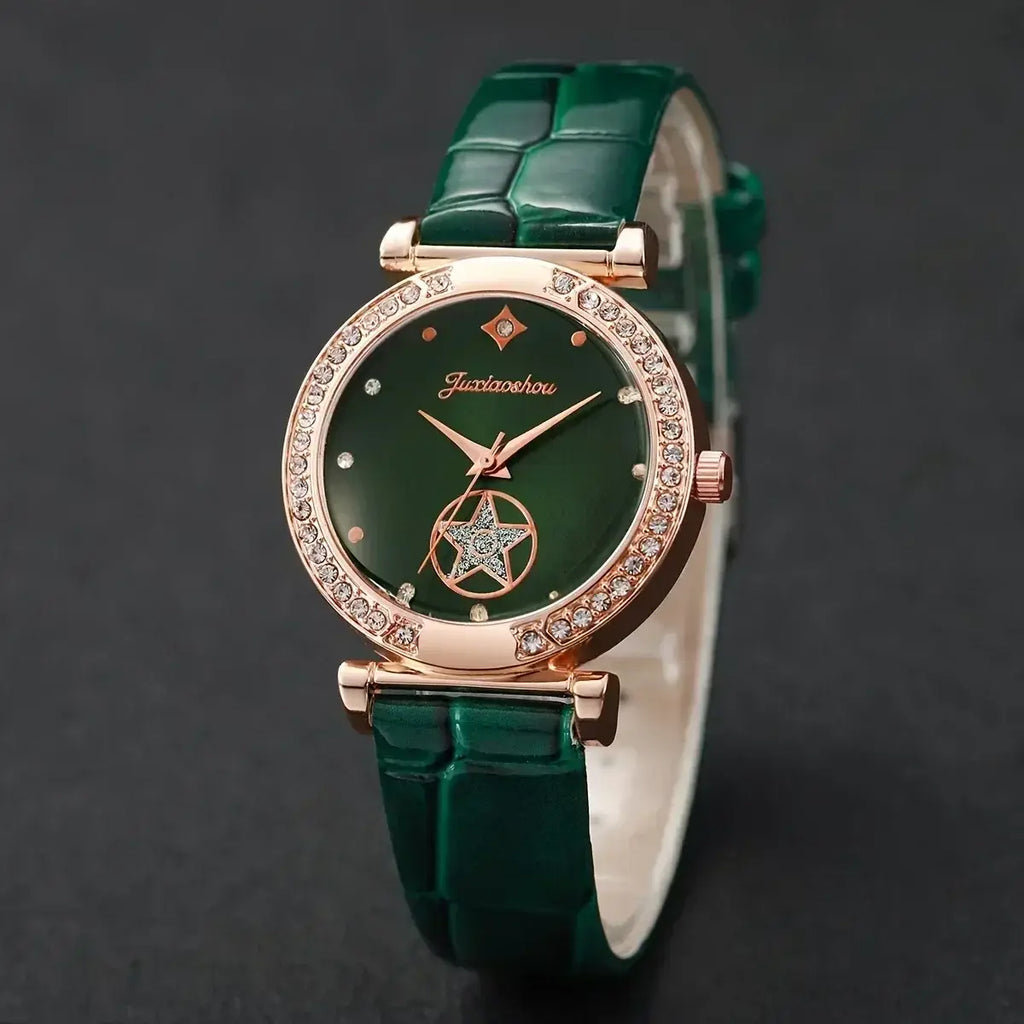 6-piece set of green luxury quartz watches for women, rings, necklaces, earrings, rhinestones, fashionable watches casual ladies