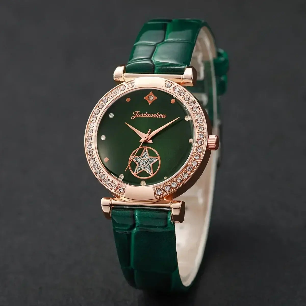 6-piece set of green luxury quartz watches for women, rings, necklaces, earrings, rhinestones, fashionable watches casual ladies