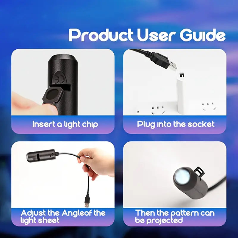 Black cylindrical led galaxy projection lamp with usb cable and adjustable angle for pattern projection featuring 10 slides.
