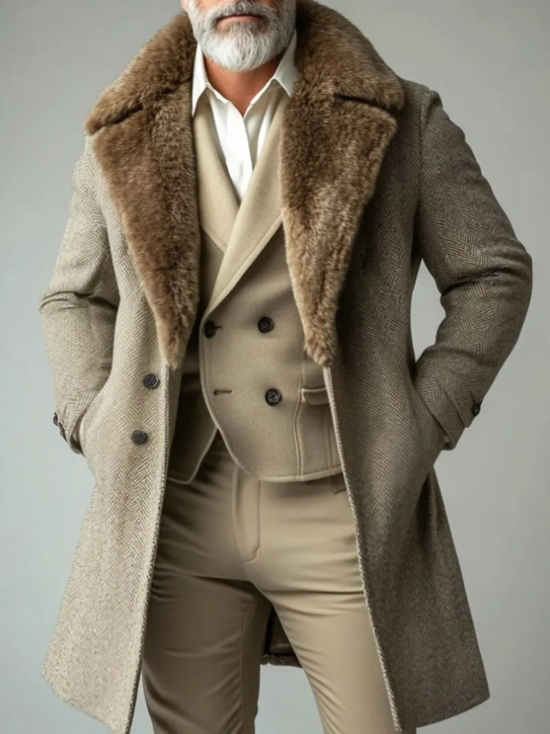 Beige herringbone men’s wool overcoat with a plush brown shearling collar designed for warmth and style.