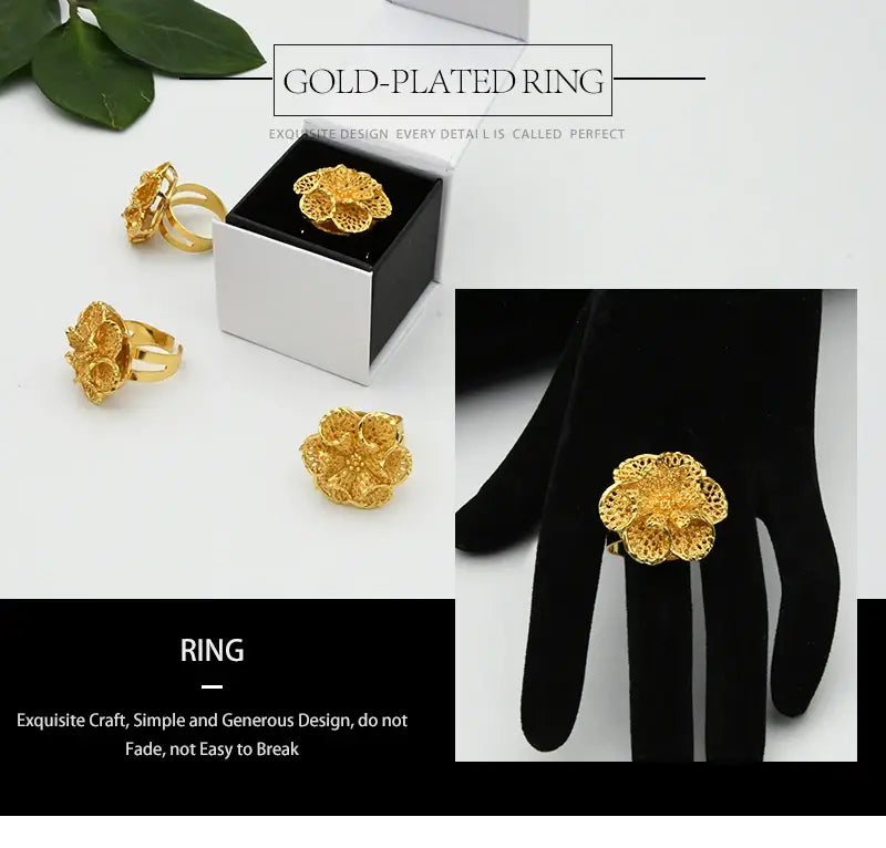 24k gold plated dubai jewelry flower ring for women featuring intricate filigree detailing and a spiral design.