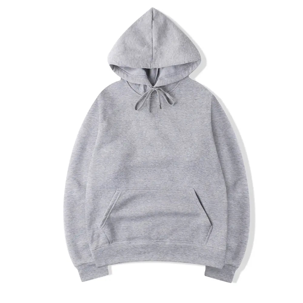 Sudadera con capucha oversize negra lisa para hombre en tejido gris jaspeado, con capucha ajustable con cordones y bolsillo frontal tipo canguro.
