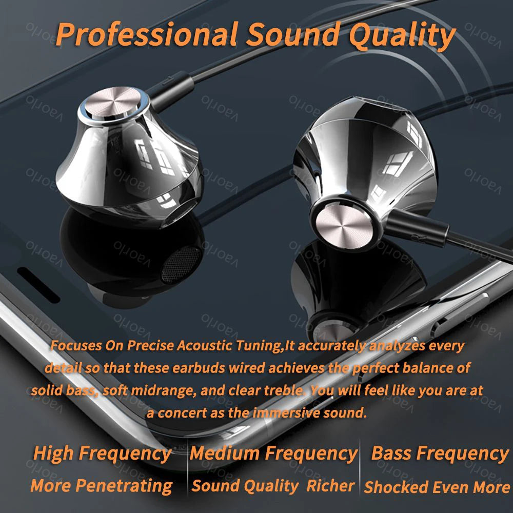 2Meters Live Streaming Karaoke Wired Earphones 9D HiFi Heavy Bass Dual Mic Headsets 3.5mm AUX/Type-C Digital Chip In-Ear Earbuds