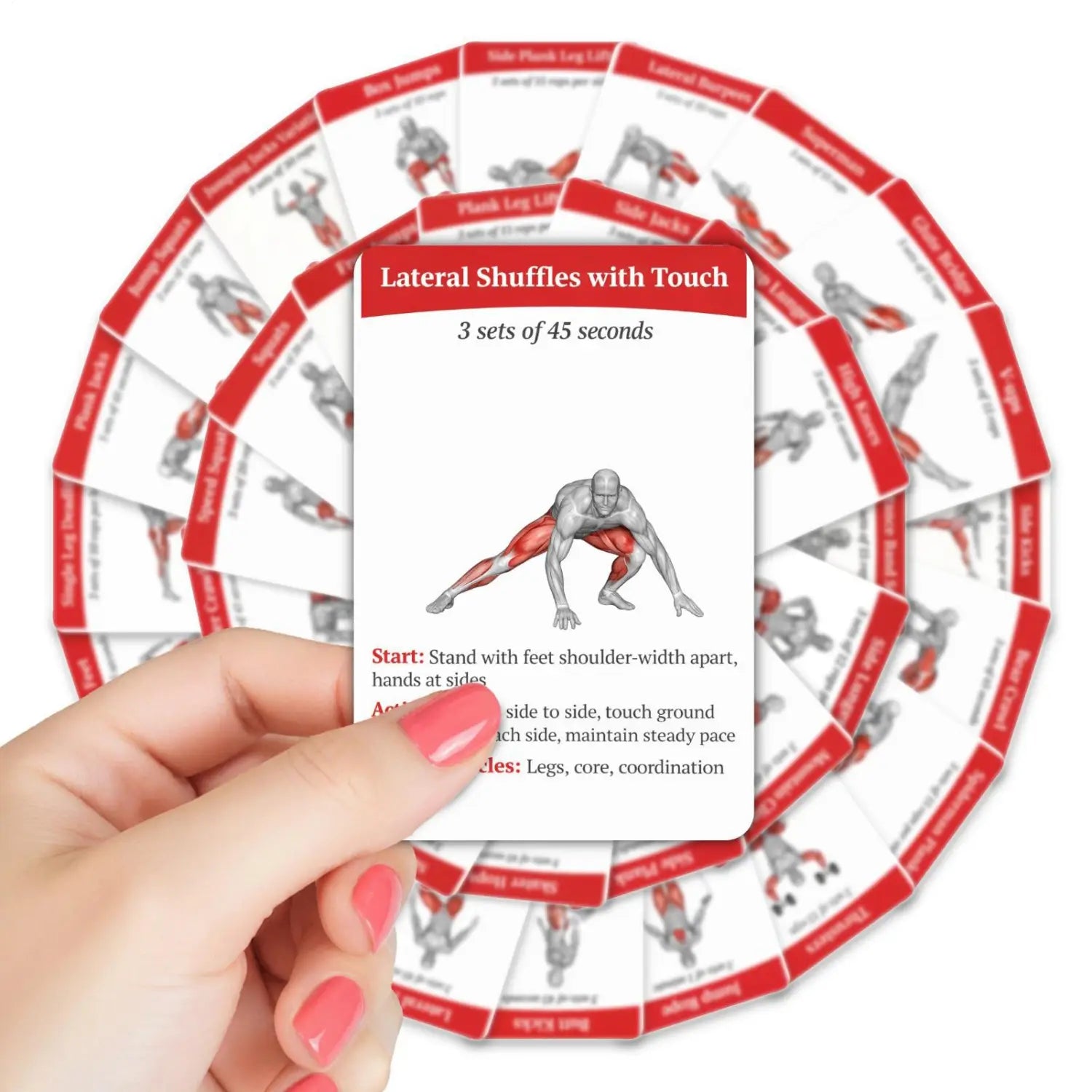 A hand holds a white and red workout cards fitness exercise deck featuring an illustrated figure performing lateral shuffles with touch surrounded by other identical cards fanned out for home and gym use.