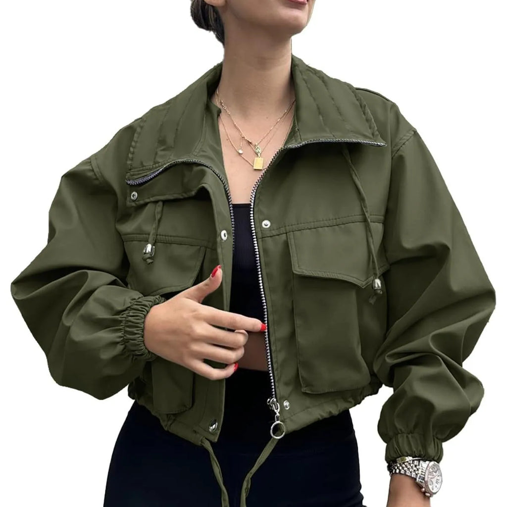 Women's Solid Color Short Jacket Zipper Trench Coat New 2025 Fashion Elegant Outerwear for Ladies