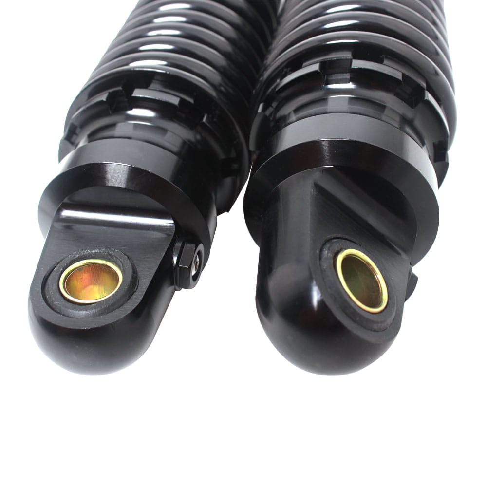 360mm motorcycle rear shock absorbers pair universal black with ribbed coiled design and gold-colored threaded ends shown from the back side.