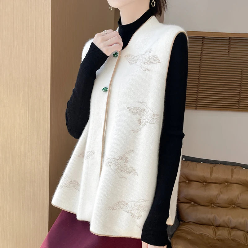 Winter 100% Pure Wool Sleeveless Vest Women Stand Collar Thick Embroidered Vest Loose Wool Vest