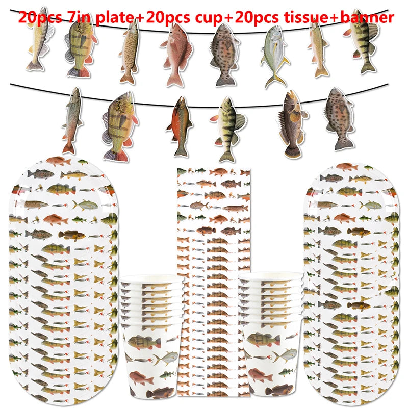 Fishing Themed Party Disposable Tableware Set Paper Plate Cup Napkin Tablecloth Banner Birthday Weedding Party Tableware Supplie