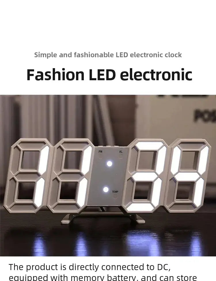 Moderne silberfarbene LED-Uhr-Dekoration mit elegantem dreidimensionalem Design, beleuchteten Ziffern und Leuchtnachtmodus für eine einstellbare elektronische Uhrfunktion.