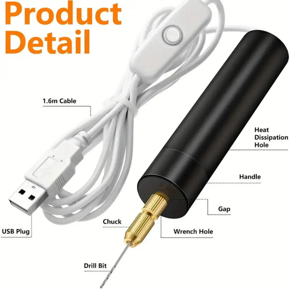 Black cylindrical usb mini electric drill with gold-colored chuck and 1.6m white usb cable for resin and wood crafts power supply.