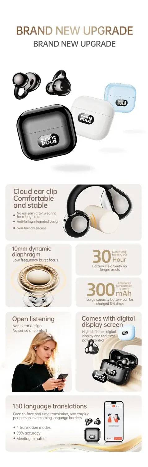Écouteurs sans fil à pince d’oreille noir et blanc au design moderne et épuré, dans un boîtier de charge assorti pour un rangement et une recharge pratiques