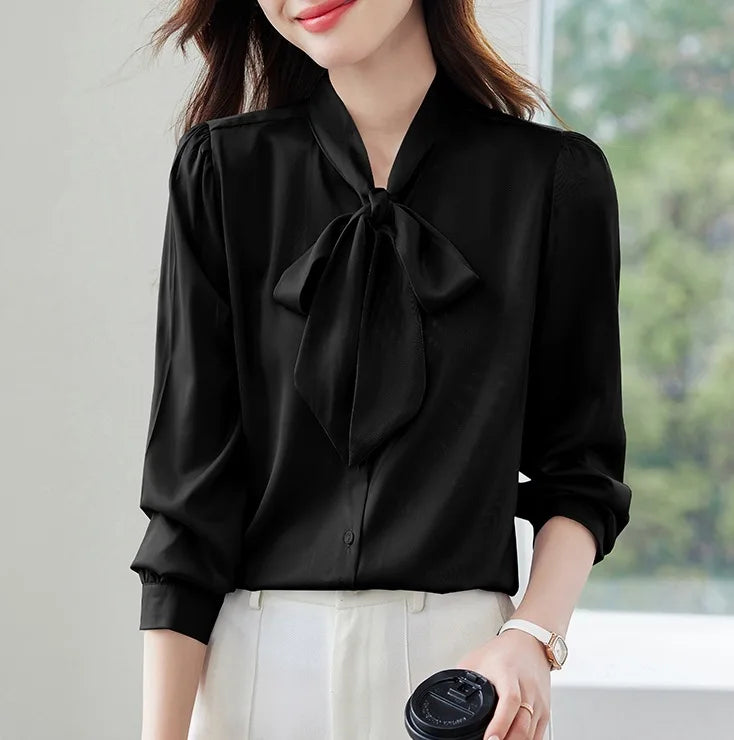 Women Elegant Satin Blouse Bow Tie Neck Puff Long Sleeve Formal Office Work Shirt For Spring Autumn