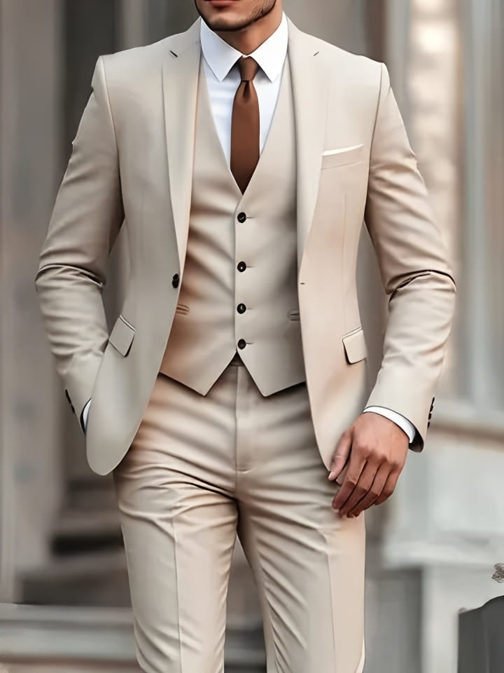 Beiger Dreiteileranzug mit passender Blazerweste und Hose, mit einreihiger Verschlussart im Stil eines Herren schwarzen Slim-Fit-Smoking.