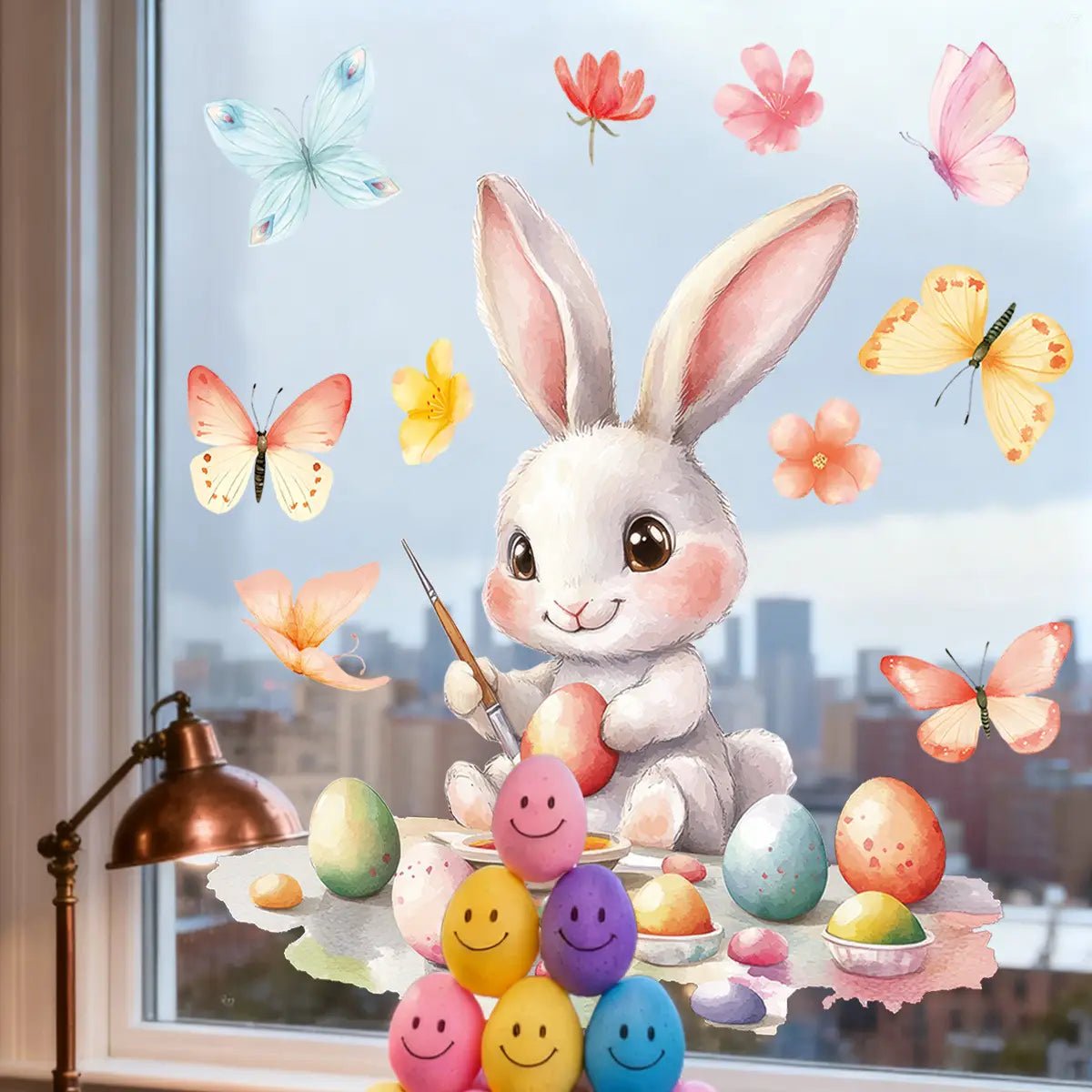 A charming white bunny with pink inner ears and cheeks holding a paintbrush decorates colorful easter eggs on a window using easter bunny window decals colorful egg glass stickers.