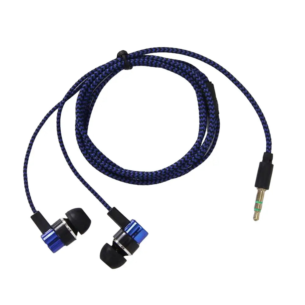 Blue and black in-ear wired headphones with braided cable featuring bass stereo effect for enhanced audio quality.