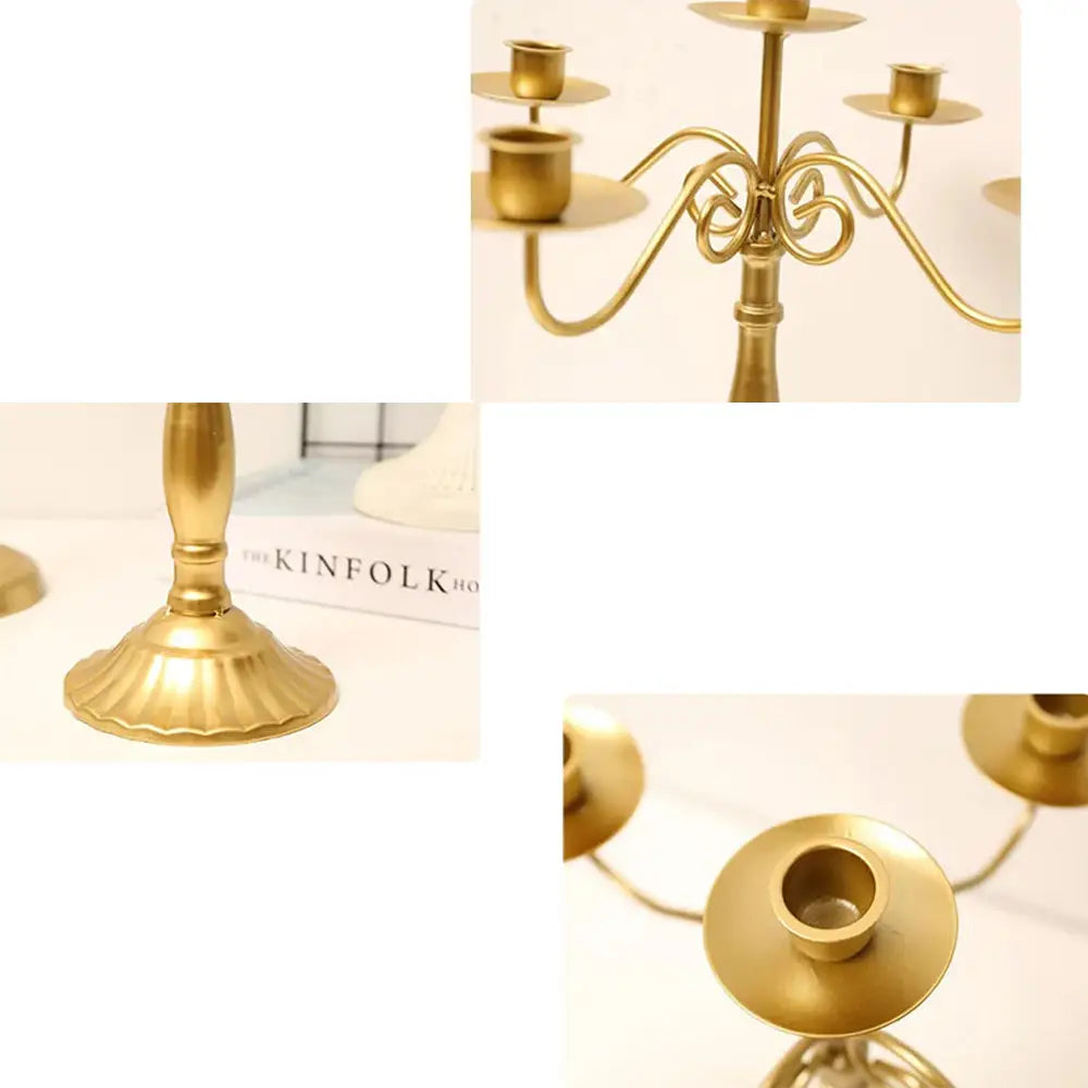 candelabre en métal fini doré avec des bras courbés ornés et une base cannelée, idéal pour des décorations de table modernes dans un décor d’hôtel européen, pour un mariage d’hôtel.