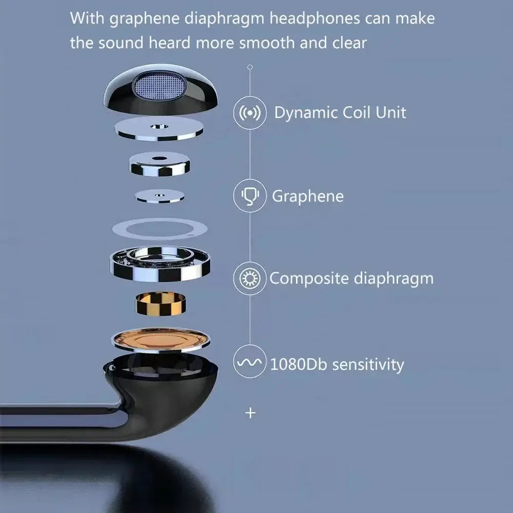 Schwarzer kabelloser Nackenbügel-Bluetooth-Kopfhörer mit LED-Display, mit schwarzem In-Ear-Aufsatz mit Graphen-Membran und dynamischer Spuleneinheit mit silbernen und goldfarbenen metallischen Komponenten.