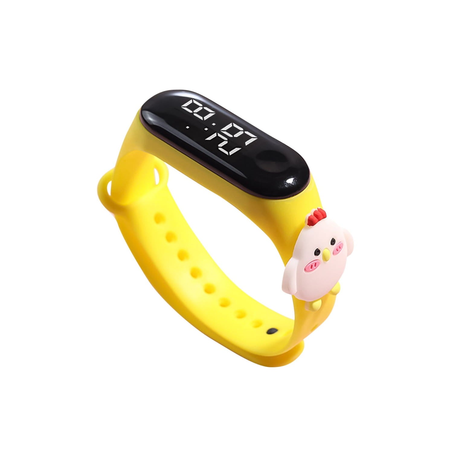Yellow kids silicone digital watch with a black digital display and a pink cartoon chicken charm, made of waterproof life material.