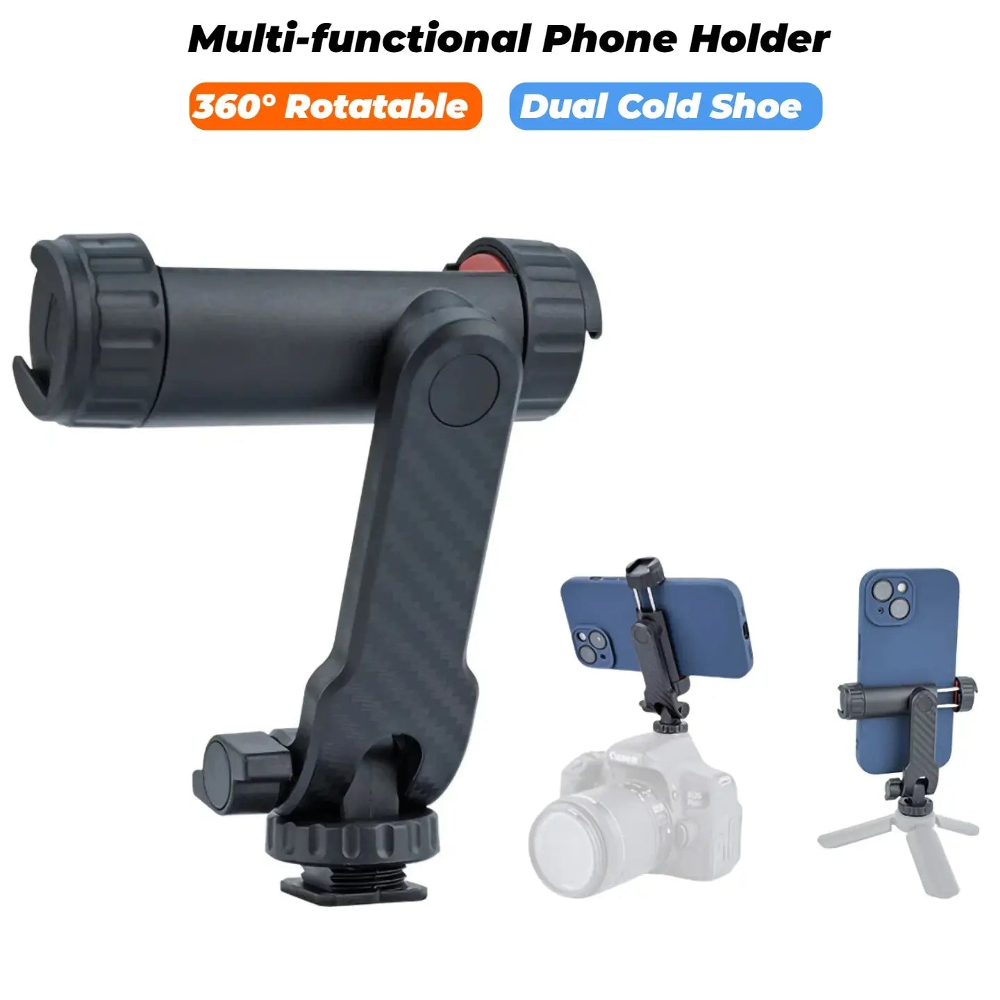 Multi-functional Phone Holder 360° Rotatable Clamp Phone Tripod Mount Rotatable with Dual Cold Shoe Mounts for Smartphone Vlog