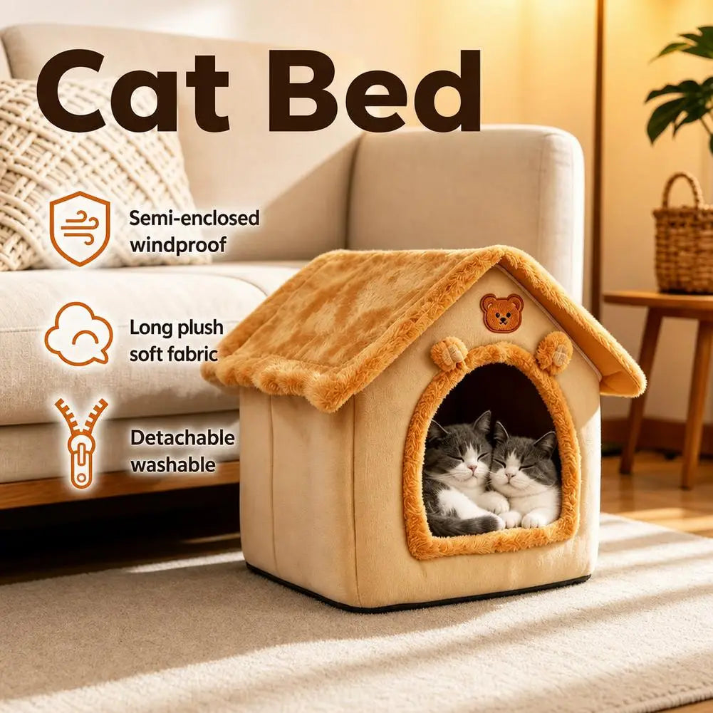 A cozy warm orange pet bed measuring 33x32x30cm featuring a beige and orange plush fabric exterior and a cute bear face emblem on the roof.