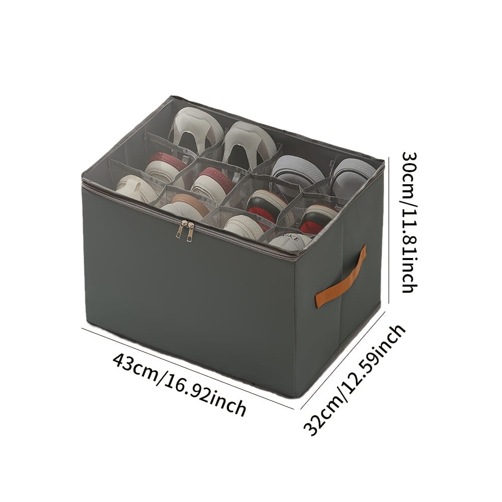 organisateur de rangement pour chaussures en tissu gris avec compartiments transparents et poignée beige en tissu d’oxford pliable, pour un rangement et une organisation efficaces des chaussures