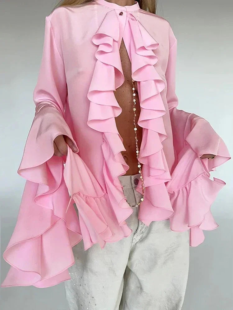 Women's Elegant Ruffle Single Breasted Shirts Casual O-Neck Sleeve Blouses Fashion Lady Temperamentigan Shirts Tops for Spring