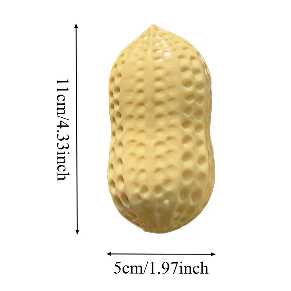 a beige textured peanut squishy filled stress toy with a glossy finish and detailed ridges designed for squishy filled tactile use
