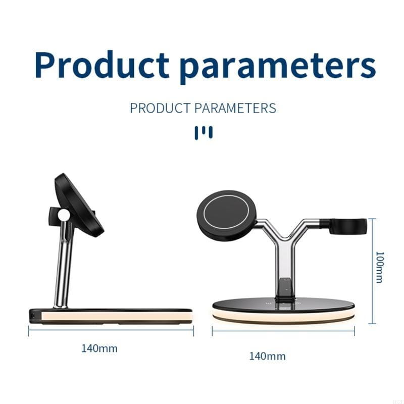 Soporte cargador inalámbrico para teléfono inalámbrico negro y plata con base con forma de Y y potencia de salida de 15 W en un diseño de cargador inalámbrico magnético tres en uno.