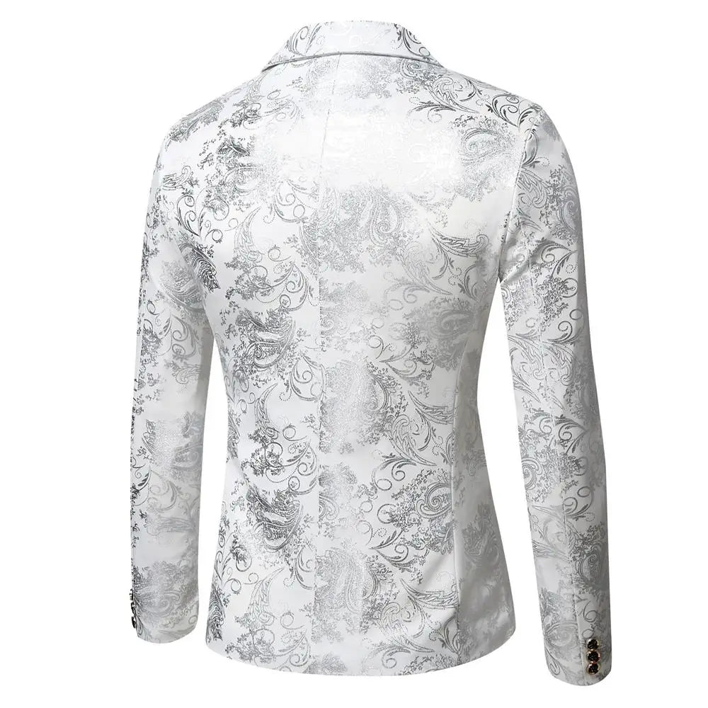 Schlank geschnittenes einreihiges Sakko in Weiß mit aufwendigen silbernen floralen und geschwungenen Paisley-Mustern, ideal für Anlässe im eleganten Freizeitbereich.