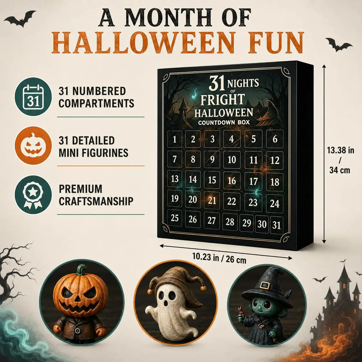 Halloween advent calendar in a black countdown box featuring 31 numbered compartments each containing a detailed mini spooky figurine.