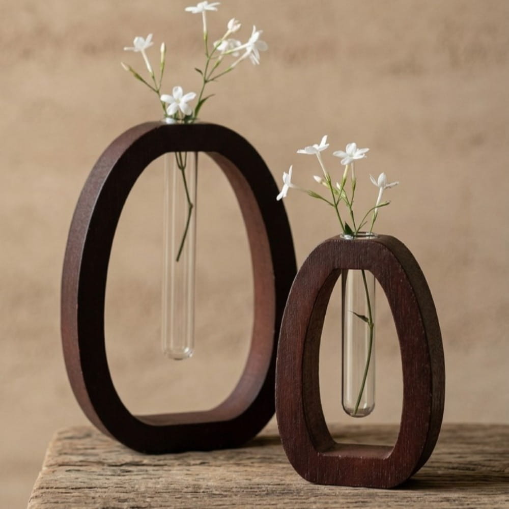 dark wood oval-shaped wooden hydroponic glass tube vase desktop planter with clear glass tubes holding white flowers