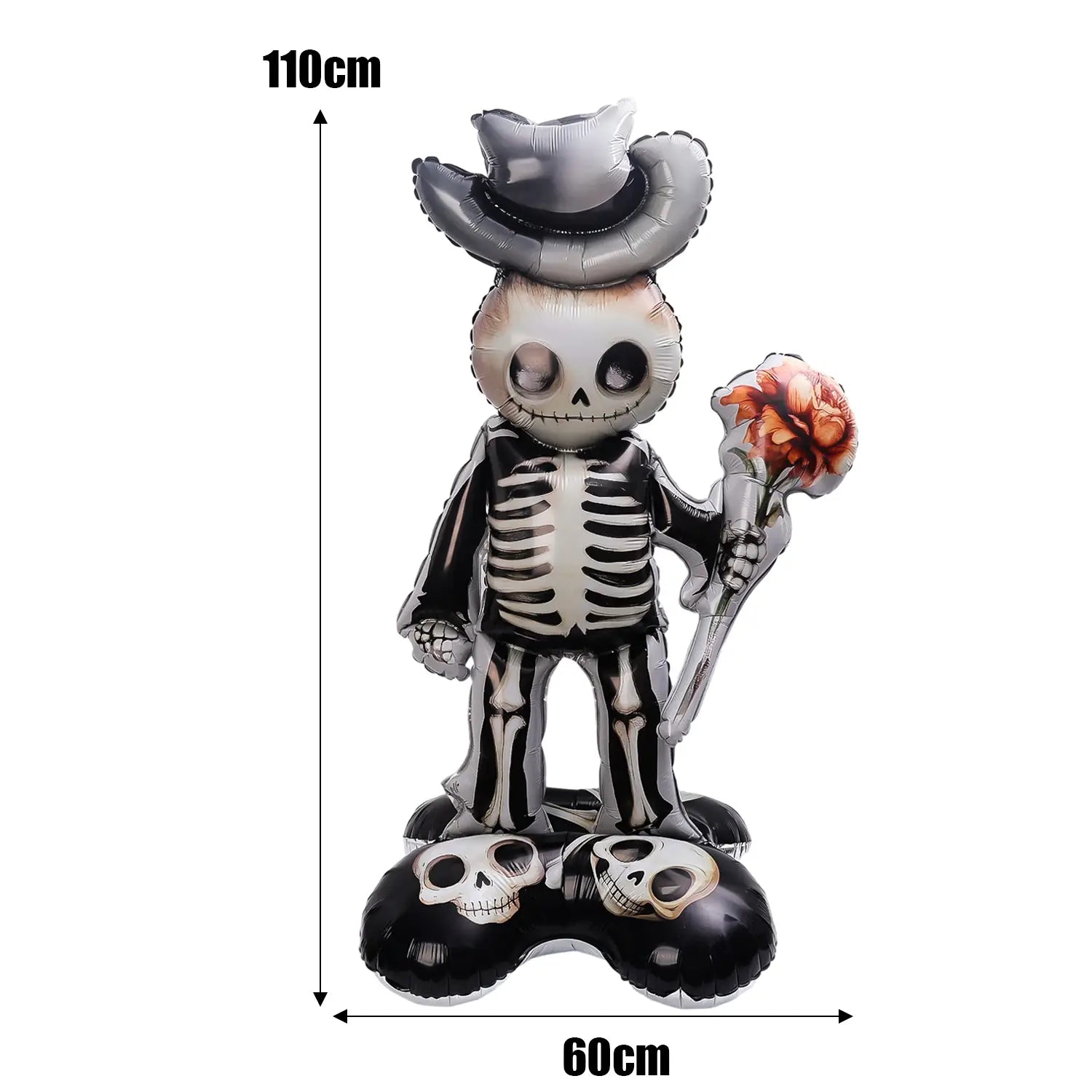 高さ110cmの黒とシルバーの骸骨の巨大ハロウィーン用スタンディング・ホイル風船のパーティー装飾。カウボーイハットをかぶり、オレンジの花を手に持っています。