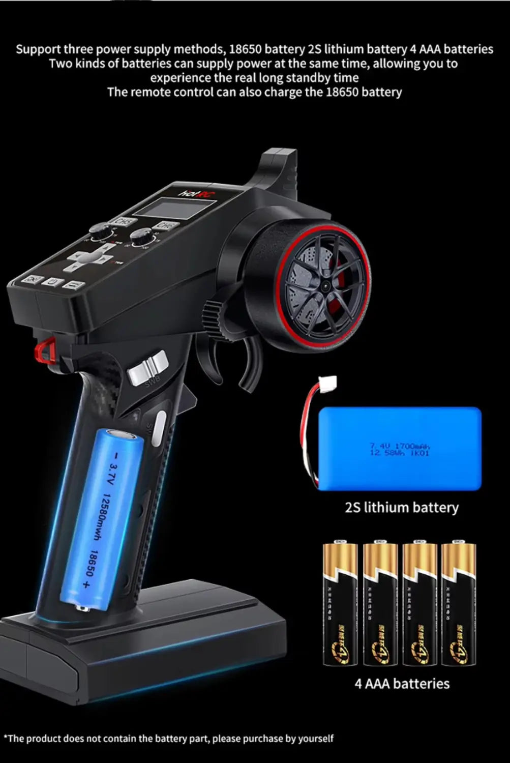 Control remoto negro ct-6a para coche y barco RC con una rueda con acentos rojos y una batería 18650 iluminada en azul insertada en su empuñadura.