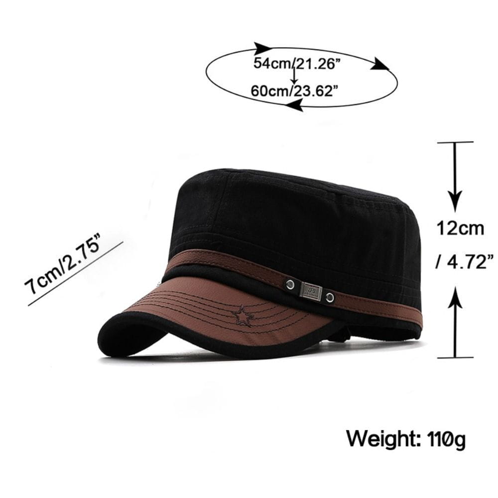 Black and brown military cadet baseball cap made of cotton with a leather strap, metal buckle, and stitched star detail.