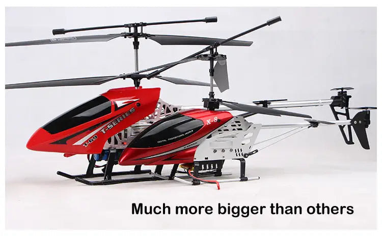 Helicóptero teledirigido rojo y negro con estructura metálica plateada que presenta la marca x-6 y una batería de litio de 80 cm diseñada para un tiempo de carga prolongado.