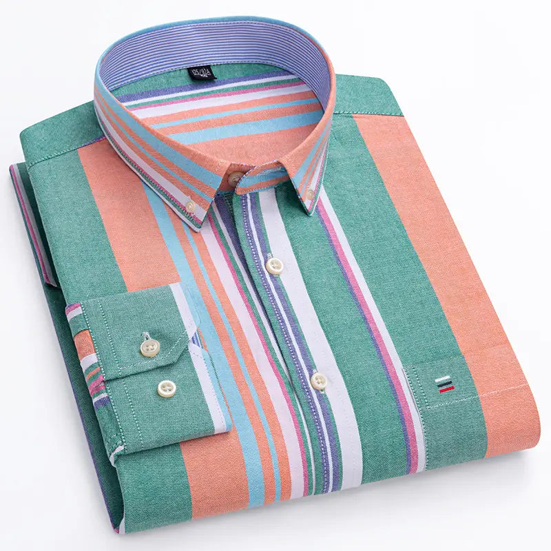 chemise oxford à carreaux en coton, grande taille pour homme, avec de larges rayures verticales en vert turquoise, vert corail, rose fuchsia, bleu clair et blanc, avec manches longues et design à boutonnage
