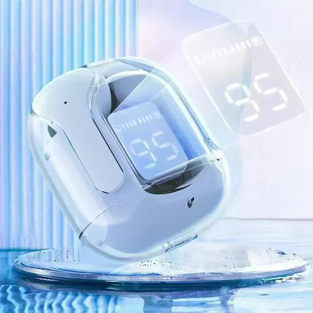 透明な筐体のホワイトデジタルパルスオキシメーターで、発光する表示に「95」が表示され、充電ケースおよびBluetoothチップを備えたワイヤレスイヤホンとともに示されている。