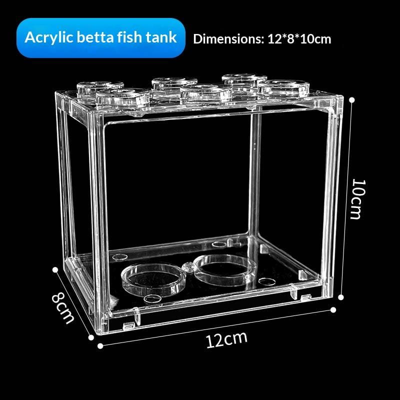 Clear acrylic betta fish tank designed to resemble a lego brick with circular indentations on top and bottom for accessories ideal as a desktop aquarium.