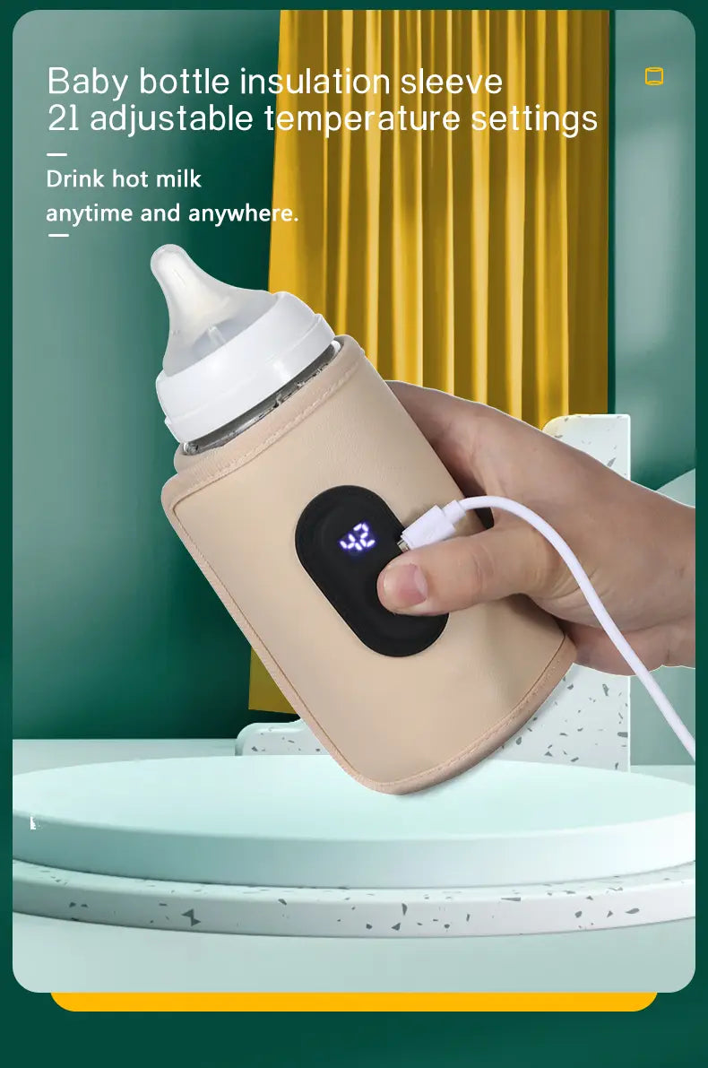 beige tragbare USB-Babyflaschenwärmer-Dämmsleeve mit digitaler Temperaturanzeige und USB-Ladeanschluss
