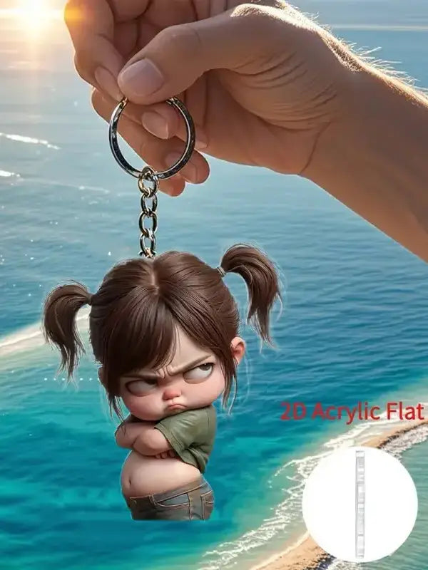 Brown pigtails cute acrylic girl keychain features a cartoon character design as a pendant accessory.