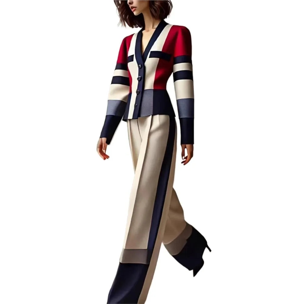 Women's Elegant Color Block V-Neck Blazer High Waist Wide Leg Pants 2 Piece Autumn Outfit Luxury Striped Formal Suit Office Suit