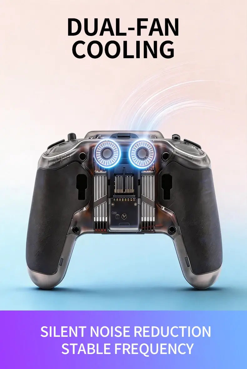 Télécommande noire et argent pour le transmetteur radio FPV Edgetx FPV Edgetx V12, équipée d’un système de refroidissement à double ventilateur.