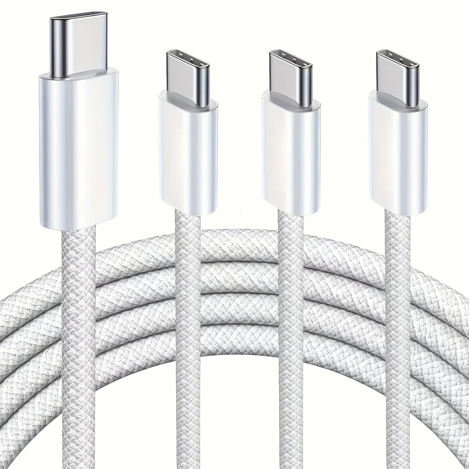 weißer geflochtener USB‑C-Schnellladekabel mit metallisch silbernen Anschlüssen für 60 W Power Delivery, dargestellt in einem Dreierpack
