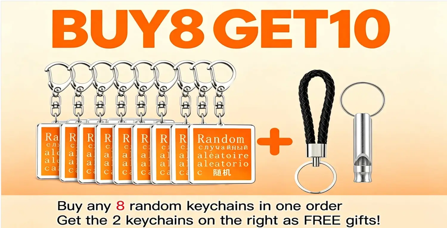 Set of eight orange acrylic Nissan Skyline car keychains with silver metal rings and clasps alongside a black braided lanyard keychain and a metallic whistle.