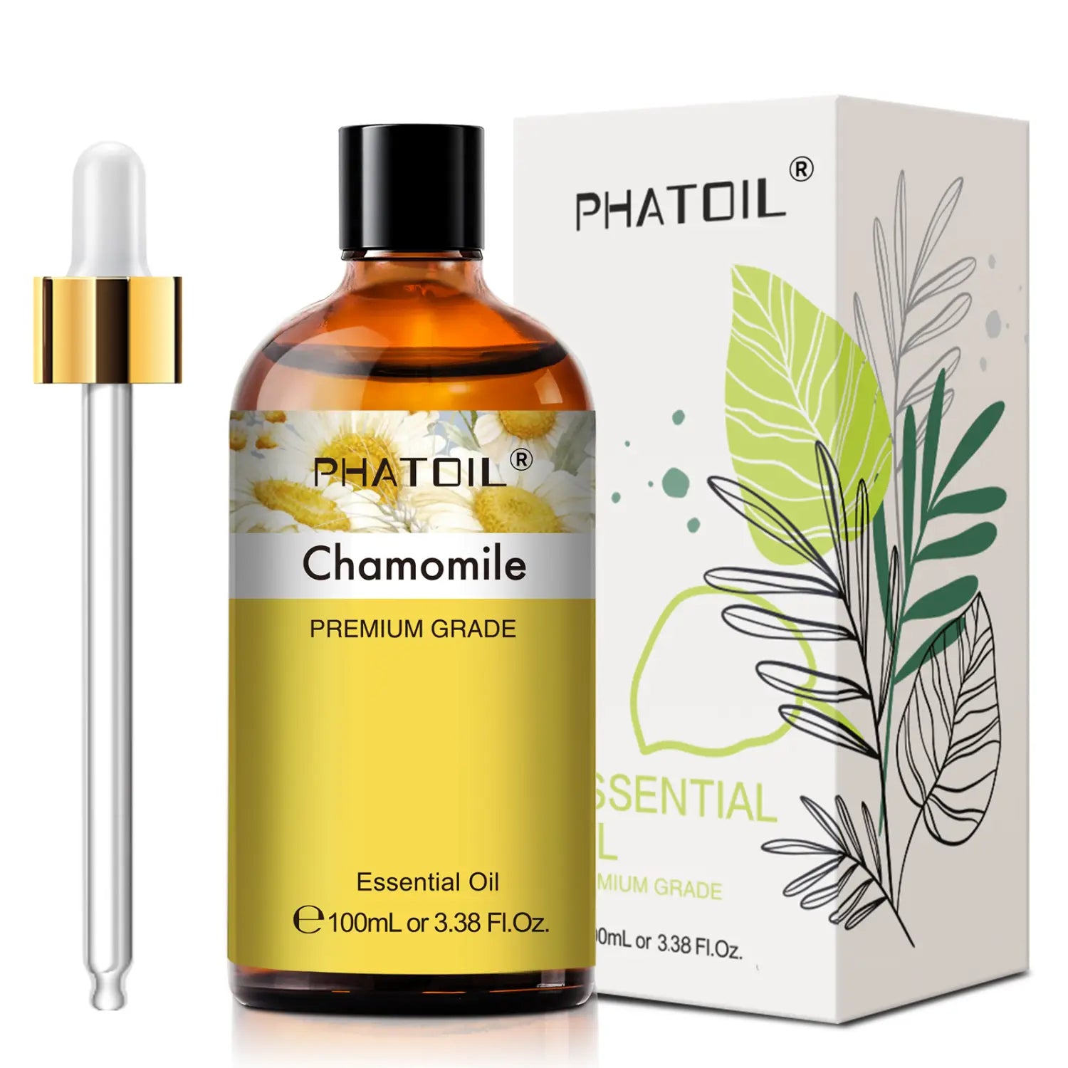 eine 100-ml-Bernstein-Glasflasche von Phatoil Kamille reinem ätherischem Öl mit schwarzem Deckel und goldgerändeter Pipette, beschriftet als Premium-Qualität zur Aromatherapie-Duftanwendung