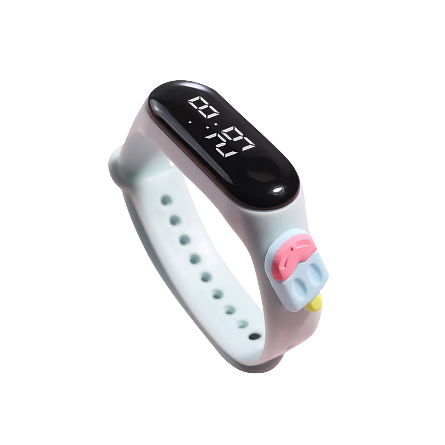 Pastel gray kids silicone digital watch with a black digital display showing 8 27 and a pink and blue ice cream charm featuring life waterproof material.