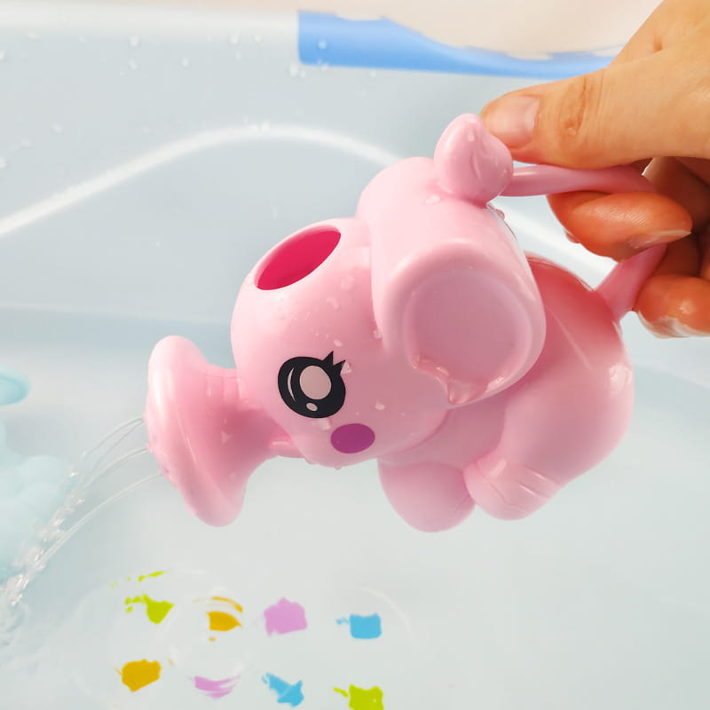 Pinkfarbenes, elefantenförmiges Baby-Bade-Spielzeug aus Kunststoff zum Versprühen von Wasser mit Saugnapf am Rüssel und Griff für eine einfache Handhabung, ausgelegt für Wasser-Spielspaß.