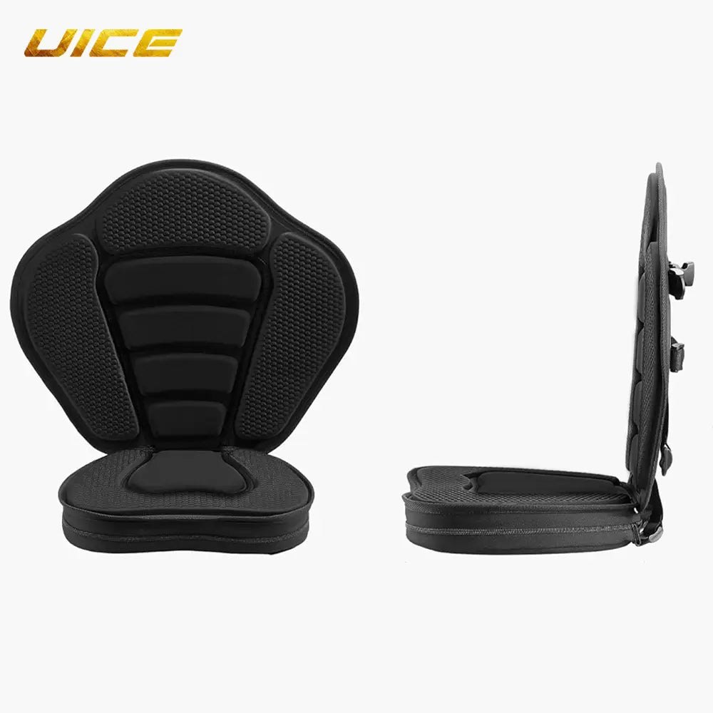 black uice deluxe padded kayak seat and adjustable backrest featuring a textured, padded motorcycle seat cushion design with reinforced side panels